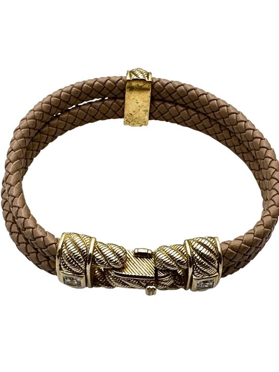 Judith Ripka Bracelet CZ Gold Plated Sterling Silver Tan Leather 6.5 Inch